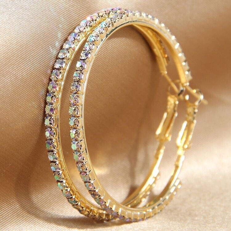 Gold Large Crystal Rhinestone Hoop Earrings