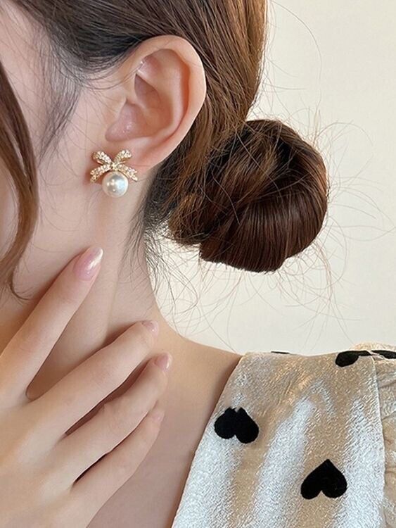 Gold Bow Pearl Stud Earrings