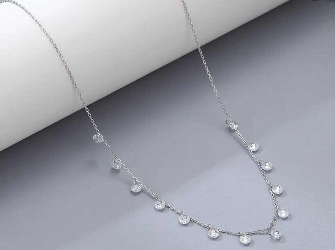 Women Ladies Silver White Cubic Zirconia Water Droplets Necklace