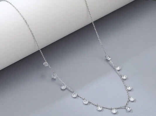 Women Ladies Silver White Cubic Zirconia Water Droplets Necklace