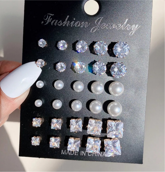 15 Pairs Set Diamond Pearl gold Studs Earrings