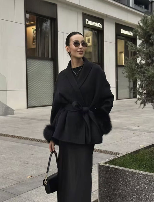 High End Elegant Solid Color Belt Woolen Coat – Autumn/Winter Long Fur Sleeve