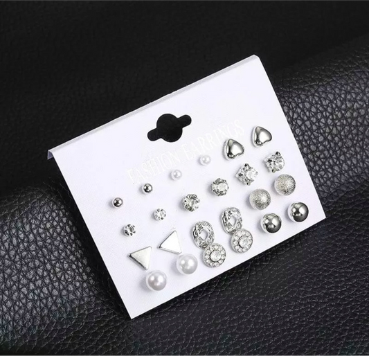 12 Pairs Earrings silver  Multipack Set