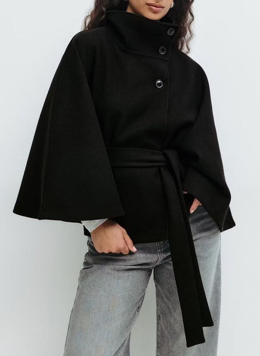 Elegant Belted High Neck Collar Wool-Look Coat Cape/ Poncho — Preorder