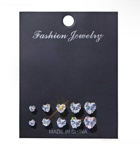 5 Multi Pack Silver Heart Rhinestone Diamond Stud  Earrings Set