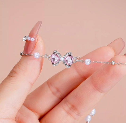 Silver bow Pink Pearl Bracelet