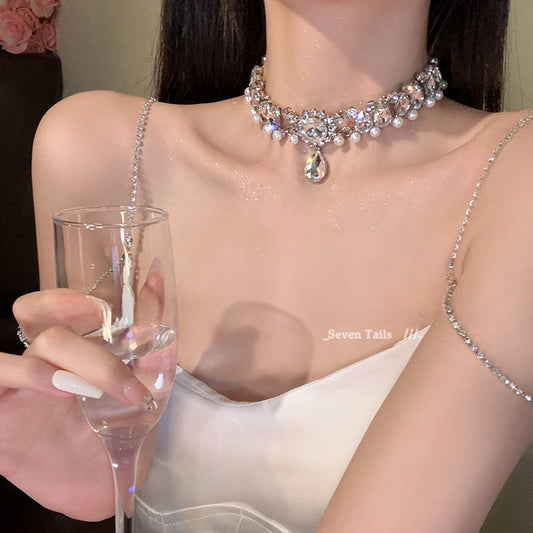 Pearl Drop Rhinestones Choker Necklace
