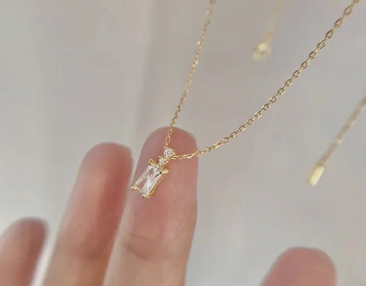 Rectangle Cubic Zirconia Gold Plated Pendant Necklace