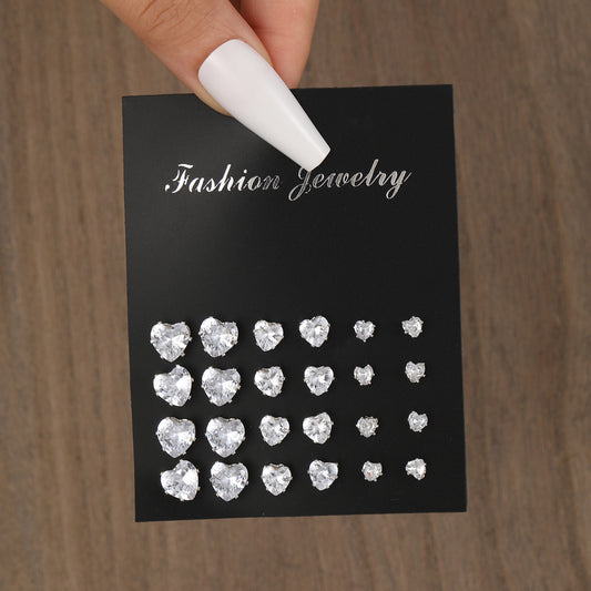 12 Multi Pack Silver Heart Rhinestone Diamond Stud  Earrings Set