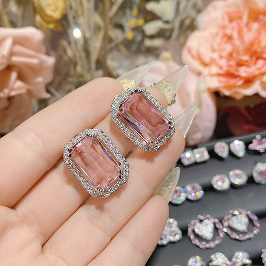 Elegant Pink Crystal Rectangle Stud Earrings